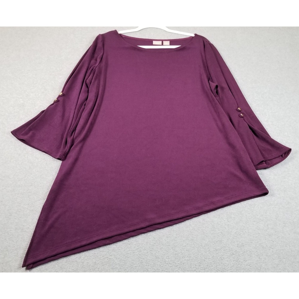 NEW Chico's Travelers Top Womens 3 XL Purple 3/4 Sleeve Stretch Slinky Knit Asym
